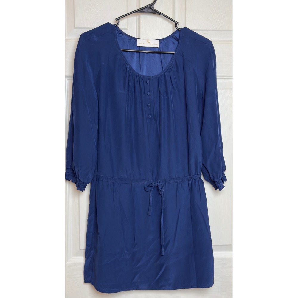 Amanda Uprichard Blue Silk Mini Dress Drawstring Waist Smocked Cuff Womens S